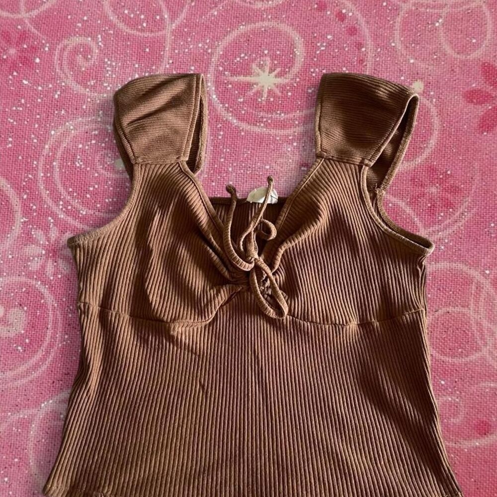 Cotton On Brown Ribbed Puff Sleeve Top
